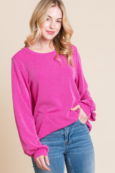 BOMBOM Long Sleeve Curved Hem Ribbed T-Shirt
