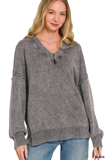 Zenana Washed Deep V-neck Oversized Sweater