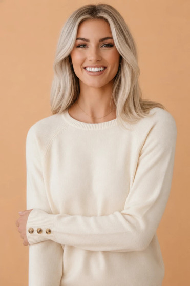 Solid Buttoned Bishop Long Sleeve Crew Neck Sweater