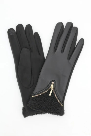 Zipper Detail Faux Leather Touchscreen Gloves 