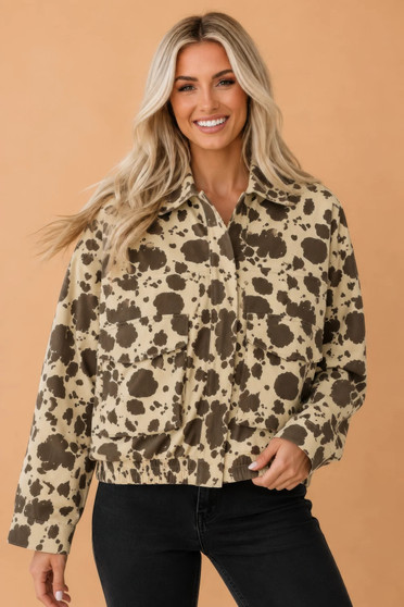 Western Cow Print Denim Cargo Pocket Zip Up Jacket 