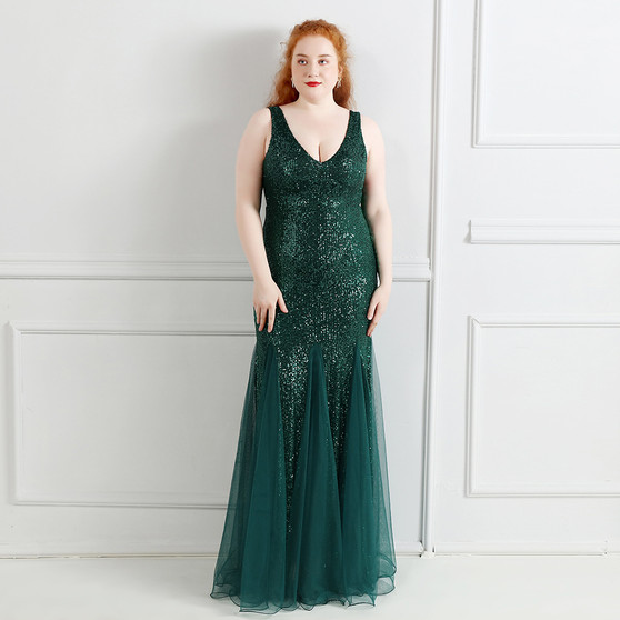 Elegant U-Neck Sleeveless Sequin Plus Size Beauty Long Formal Party Evening Dress