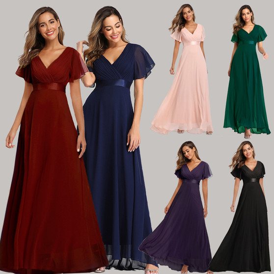 Spring/Summer Swing Double V-Neck Bell Bottom Sleeve Dress Elastic Chiffon Formal Party Bridesmaid Dress Plus Size