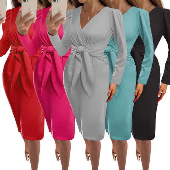 Long Sleeve Pullover Dress V Neck Zip Solid Belt Slim Waist Midi Dress