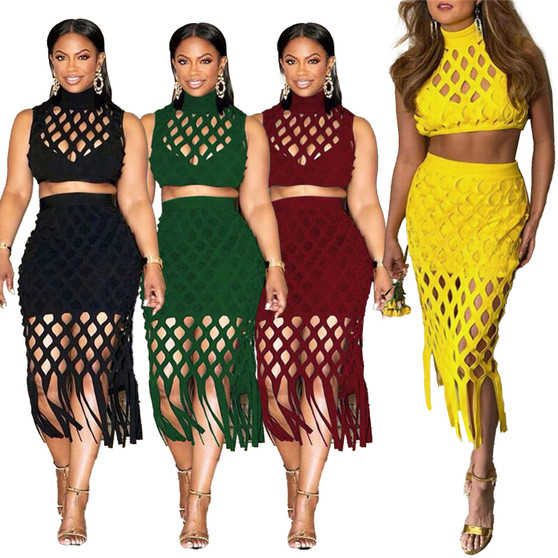 Slim Fit Cut Out Mesh Fringe Bodycon Two Piece Clubwear