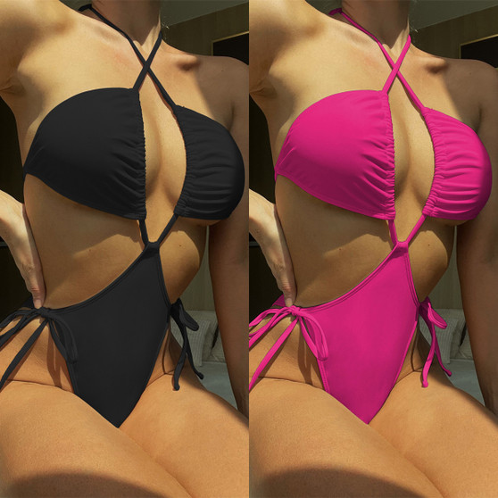 One Piece Swimsuit Sexy Bikini Swimsuit Women's Solid Color Swimwear Lace-Up Bikini