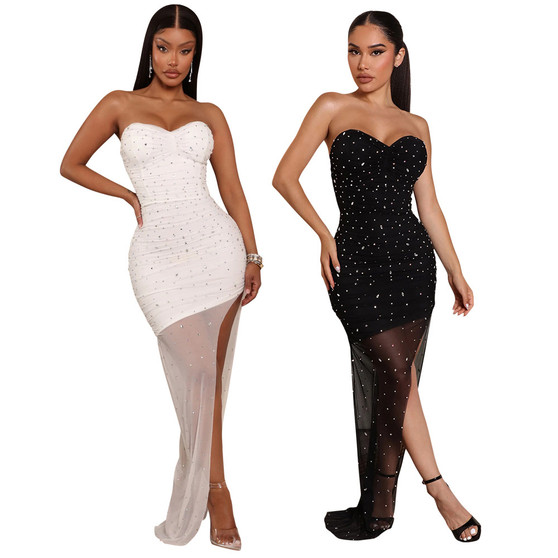 Women Sexy Off Shoulder Mesh Beaded Party Slit Dress