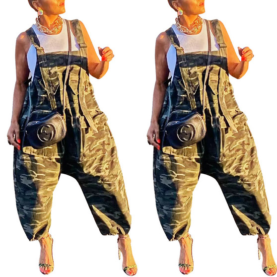 Women'S Camo Casual Cargo Loose Suspender Jumpsuit