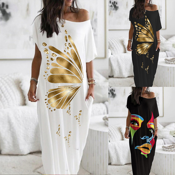 Women Shiny Print Short Sleeve Casual Maxi Dress