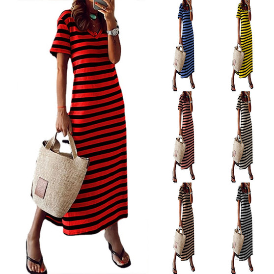 Summer Women Loose Striped Print Short Sleeve Slit Dress