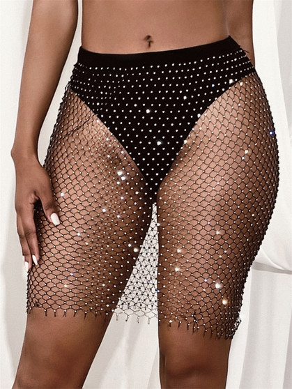 Rhinestone Fishing Net Summer Sexy Hollow Out Beaded Skirt