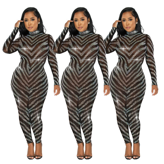 Nightclub Women'S Autumn And Winter Long-Sleeve Mesh Beaded Sexy Jumpsuit