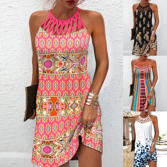 Women Cutout Halter Neck Print Mini Dress