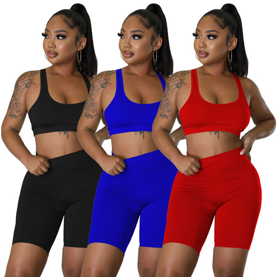 Sports women's solid color sports vest, long sleeves, shorts suit 3-piece set