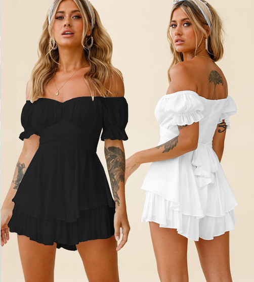 Jumpsuit Solid Color Fashion Sexy Off Shoulder Lantern Ruffle Sleeve Casual Summer Women's Shorts