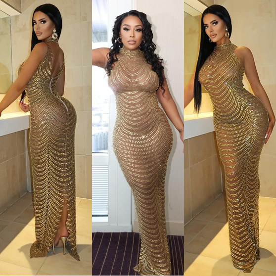 Summer Women Sexy Mesh See-Through Beaded Dress