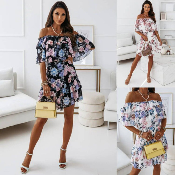 Regular Off Shoulder Floral Print Slim Waist Chiffon Dress