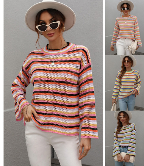 Fall/Winter Patchwork Knitting Shirt Women's Loose Two Color Round Neck Striped Women Sweater