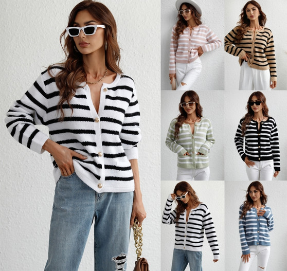 Autumn and winter striped fashion loose women's knitting shirt women's single-breasted cardigan sweater women