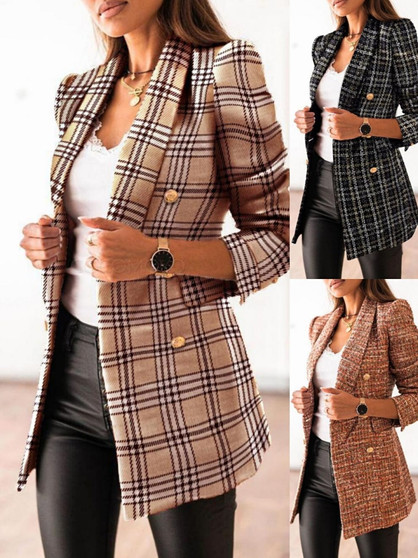 Fall/Winter Long Sleeve Double Breasted Turndown Collar Print Coat