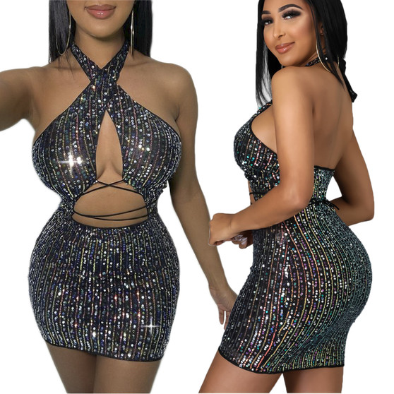 Women Sexy Backless Sequin Halter Bodycon Dress