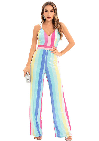 Women Stripe Jumpsuit Sequin Deep V Jumpsuit Casual Pants