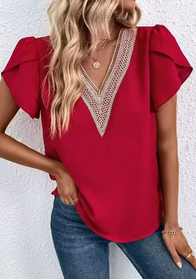 Women Summer V-Neck Short Sleeves Solid Top