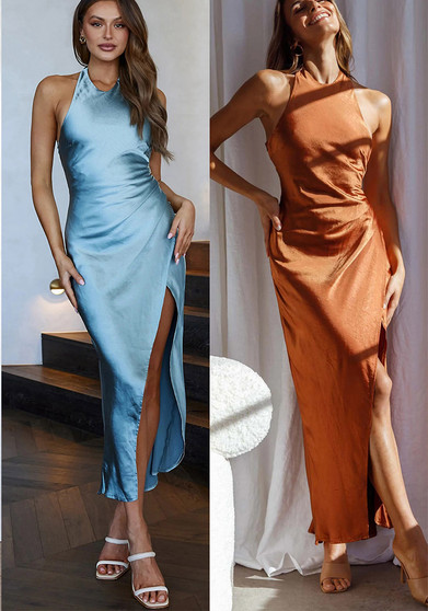 Women SolidHalter Neck Backless Slit Dress