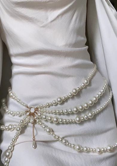 (2pcs)Waist Chain Pearls Connected With Multi-Layer Tassel Side Swing Chain Belt