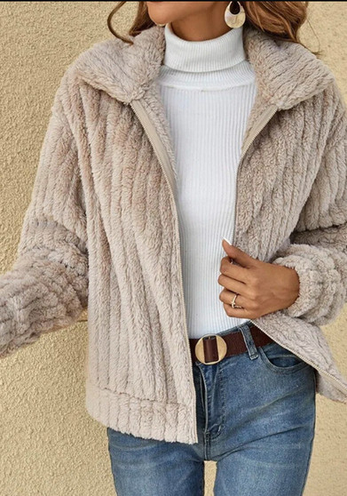 Women'S Fall Winter Ribbed Fleece Cardigan Turndown Collar Jacket