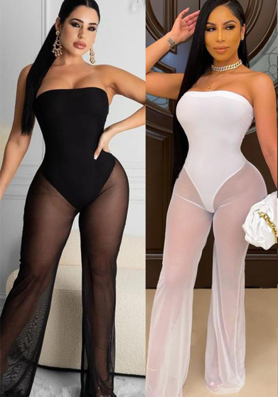 Women's Fashion Sexy Strapless Tight Fitting Wide Leg Mesh Jumpsuit