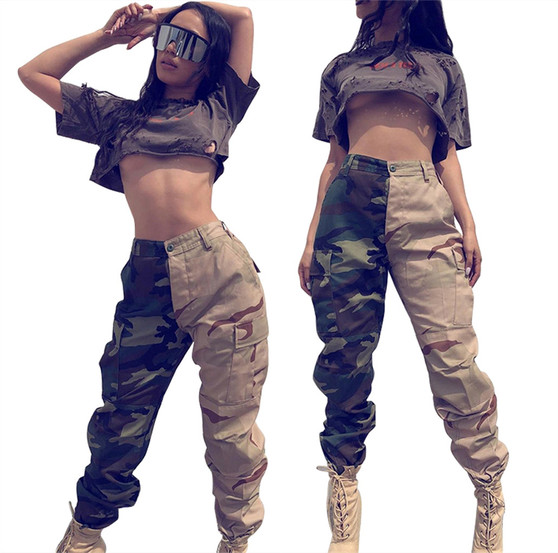 Women's Fashion Style Contrast Patchwork Camo Cargo Pants