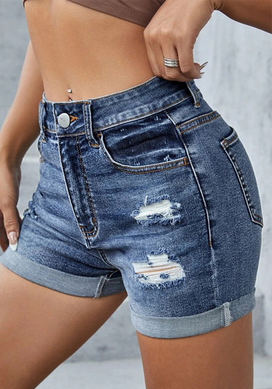 Women's Mid Rise Slim Ripped Shorts Trendy Stretch Denim Shorts