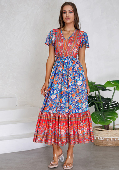 Women's Summer V-Neck Ruffle Sleeve Floral Print Long Dress