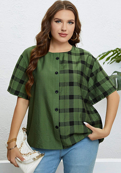 Summer Green Round Neck Plaid Casual Top