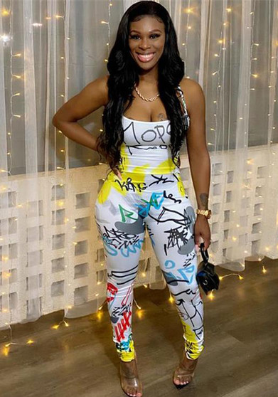 Women's Trendy Graffiti Print Street Sexy Lace-Up Jumpsuit