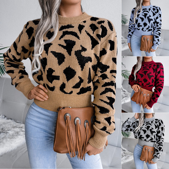 Women'S Fall/Winter Casual Leopard Slim Waist Knitting Short Sweater