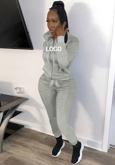 Custom Logo Women's Customized Printing Fashion Casual Sport Solid Zipper Hooded Tracksuit Two-Piece Pants Set