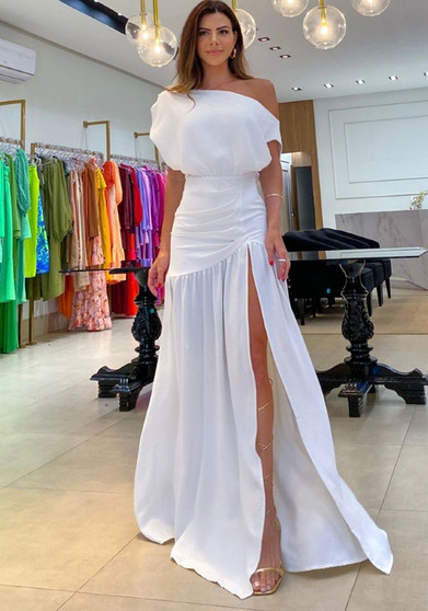 Solid Sexy Slash Shoulder Off-Shoulder Slim Waist Slit Gown Dress