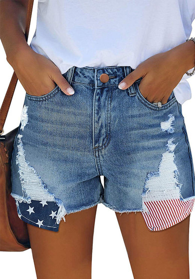 Summer Stars and Stripes Ripped Tassel Denim Shorts