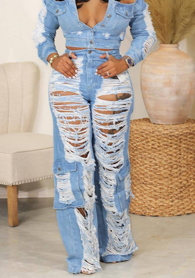 Ladies Denim Pants f88493 Fashion Casual Ripped Denim Pants