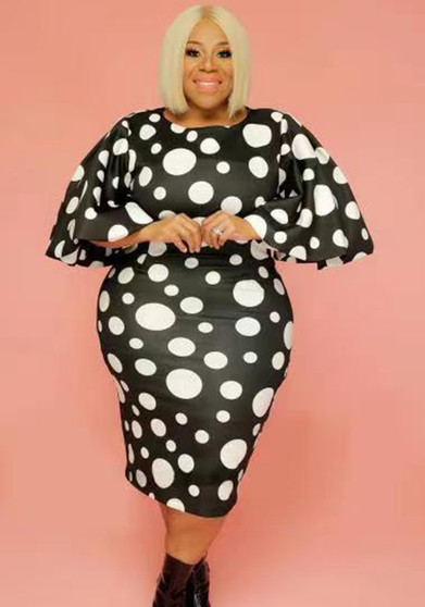 Plus Size Women Bell Bottom Sleeve Polka Dot Print Bodycon Dress