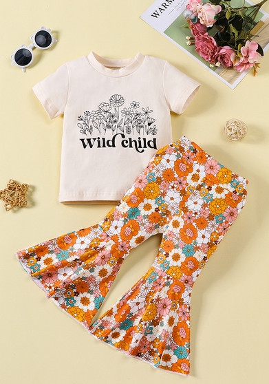 Girls Summer Cotton Flower Print Short Sleeve Top Bell Bottom Pants Set