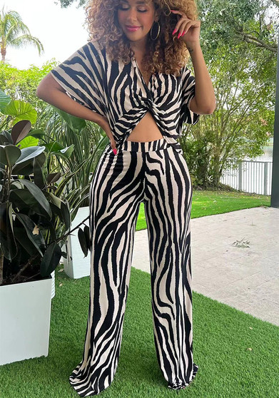 Women's Casual printed wide leg pants two-piece set