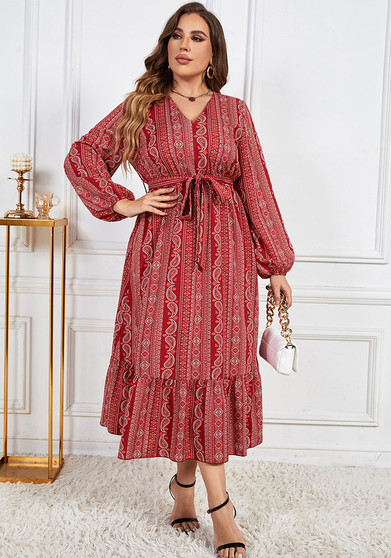 Women Solid Lace-Up V-Neck Long Sleeve Dress