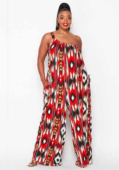 Plus Size Women Tie Dye Casual One Shoulder Wide Leg Jumpsuit