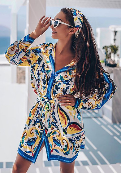 Spring Summer Bohemian Positioning Print Tie Long Sleeve Shirt Dress