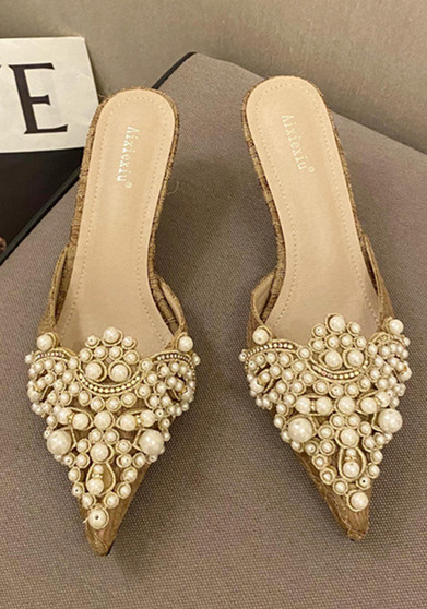 Fashion pointed pearl half drag stiletto sandals women's shoes mid-heel slippers