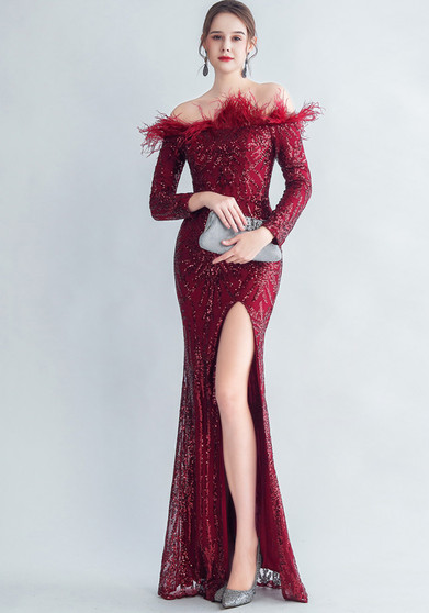 Feather Sequins Off Shoulder Long Sleeve Mermaid Evening Dress