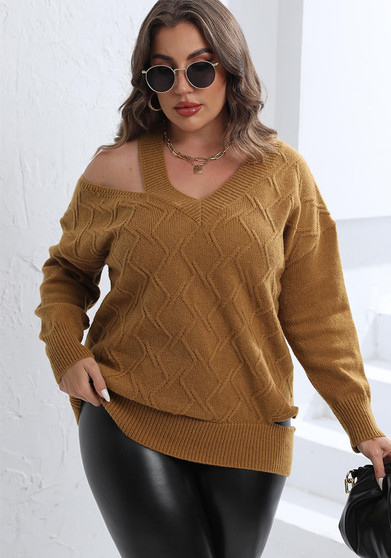 Women's Fall Winter Pullover Tops Plus Size Women's Style Cutout Shoulder Knit V Neck Sweater